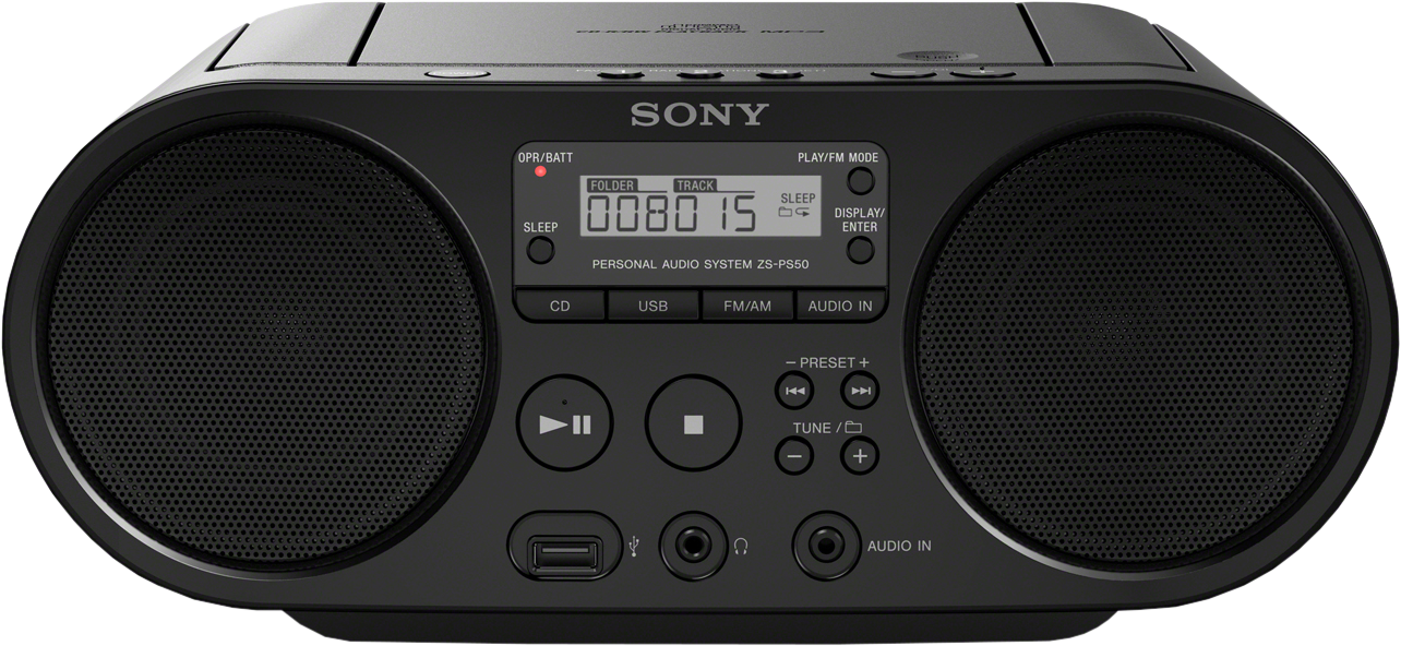 Radio Sony noire avec écran. Options CD, USB, FM et entrée audio. Boutons argentés.