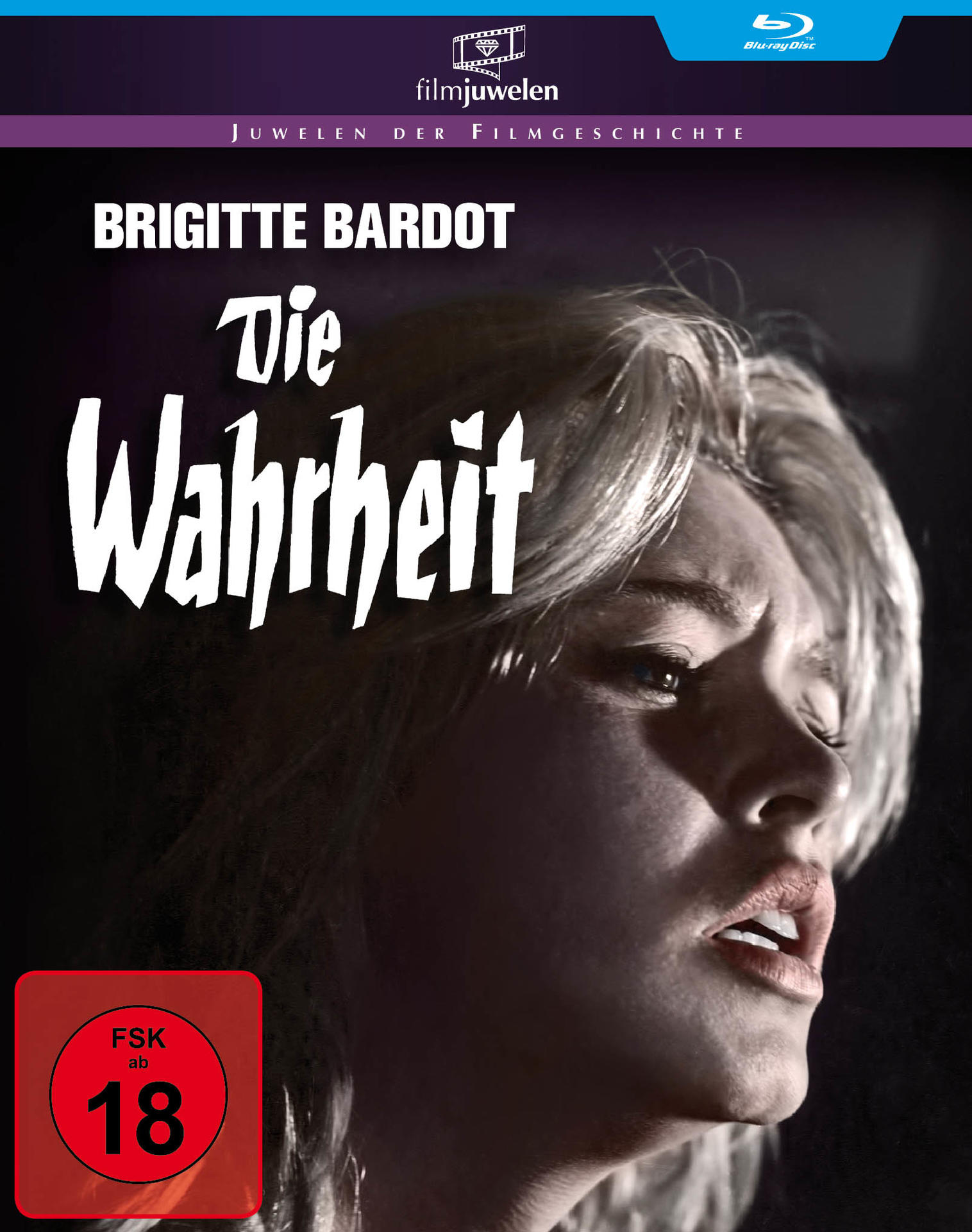 Blu-ray-Cover. Nahaufnahme eines Frauengesichts mit fettem Text darüber. Ein rotes Bewertungsschild.