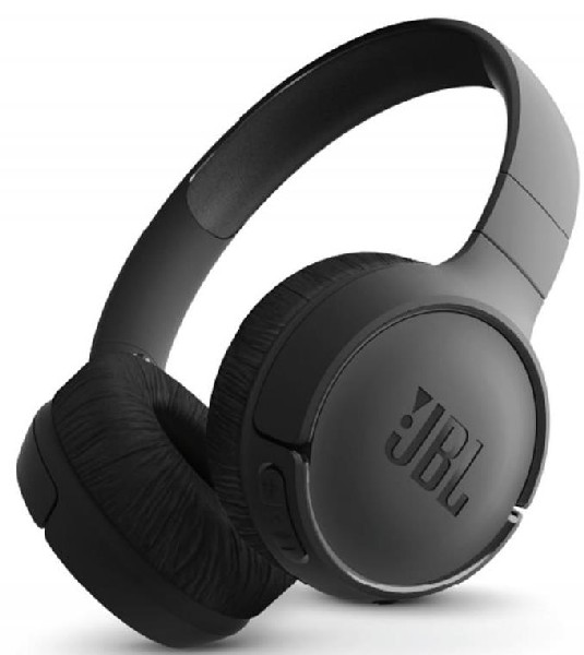 Auriculares JBL negros, auriculares y diadema. Logotipo JBL en el auricular.