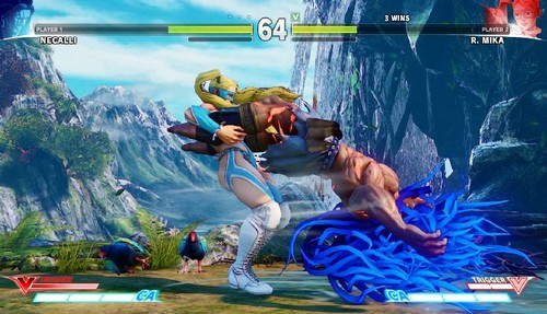 Escena de juego de lucha. Dos personajes en combate. Uno es azul y el otro rubio.