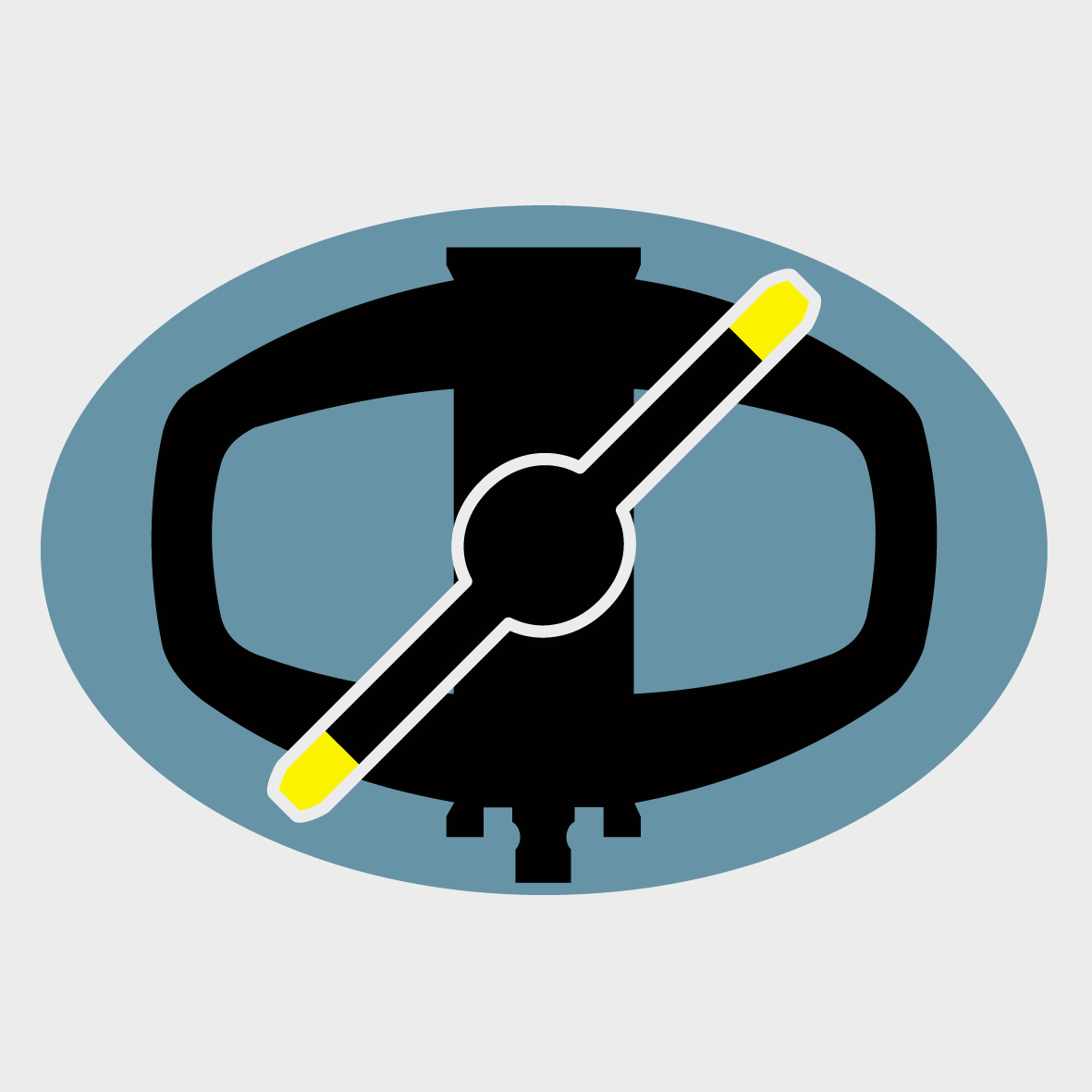 Türkisfarbenes Oval mit einem schwarz-gelben propellerartigen Design. Grauer Hintergrund.