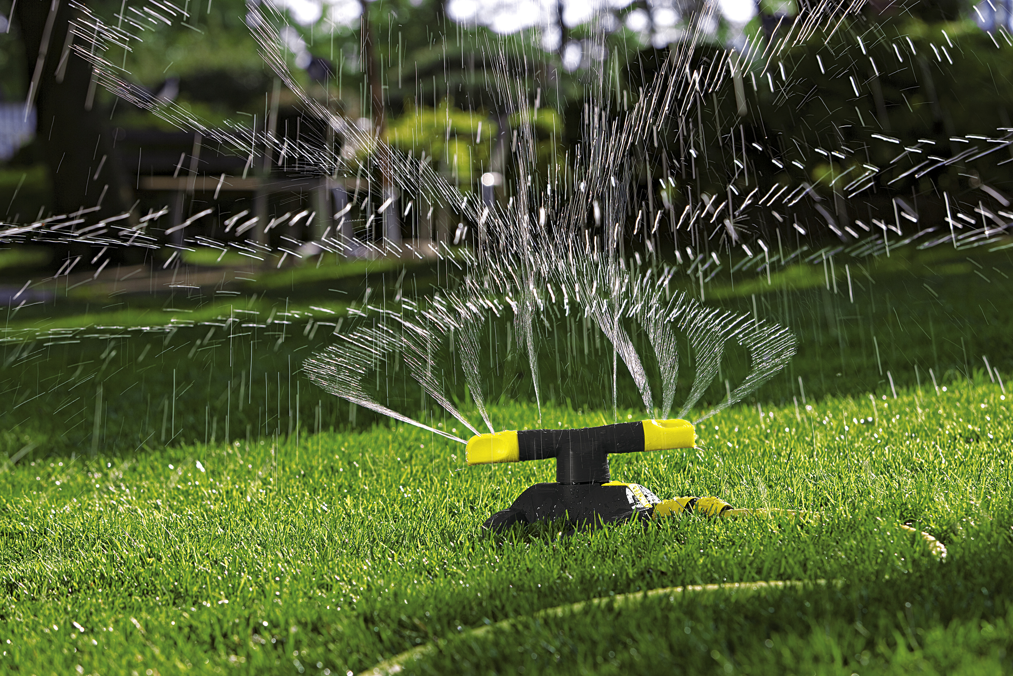 Rasensprenger auf grünem Gras, versprüht Wasser. Verschwommener Hintergrund mit Bäumen.