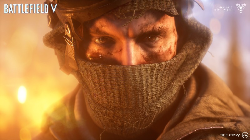 Primer plano del rostro de un soldado de 'Battlefield V', con bufanda. Expresión intensa.