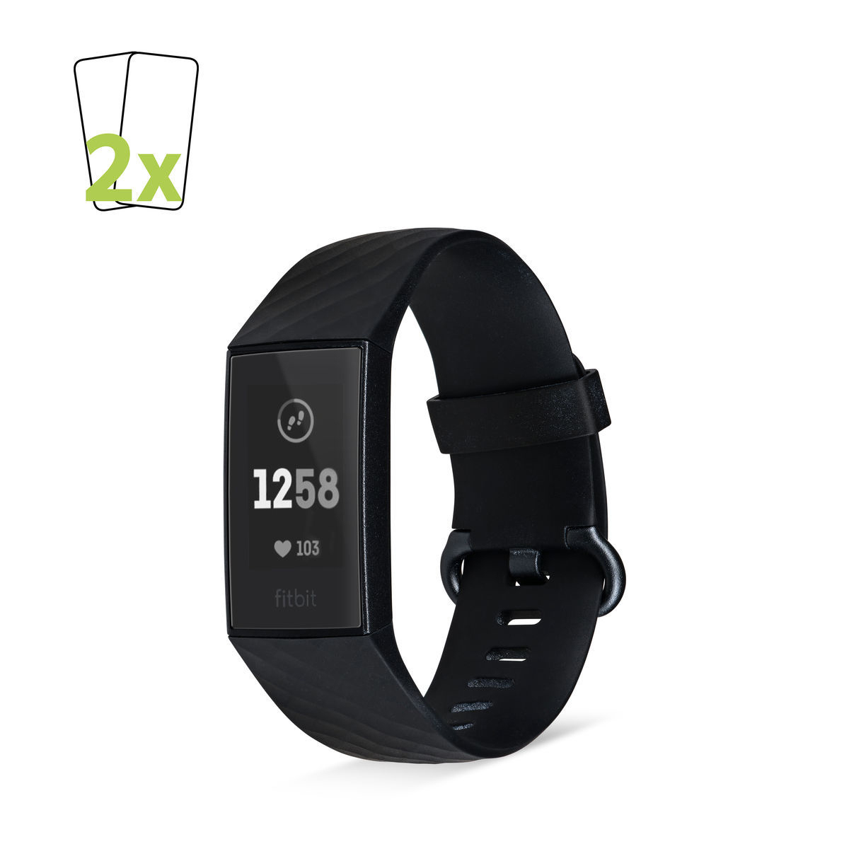 Schwarze Fitbit-Uhr. Anzeige zeigt Zahlen und Herzsymbol. Zwei grüne Gläser in der Ecke.