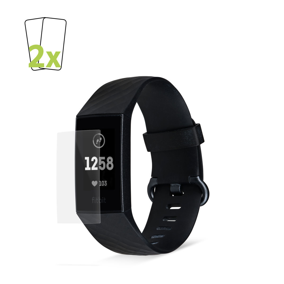 Eine Fitbit-Uhr mit Displayschutz und zwei zusätzlichen Schutzfolien.