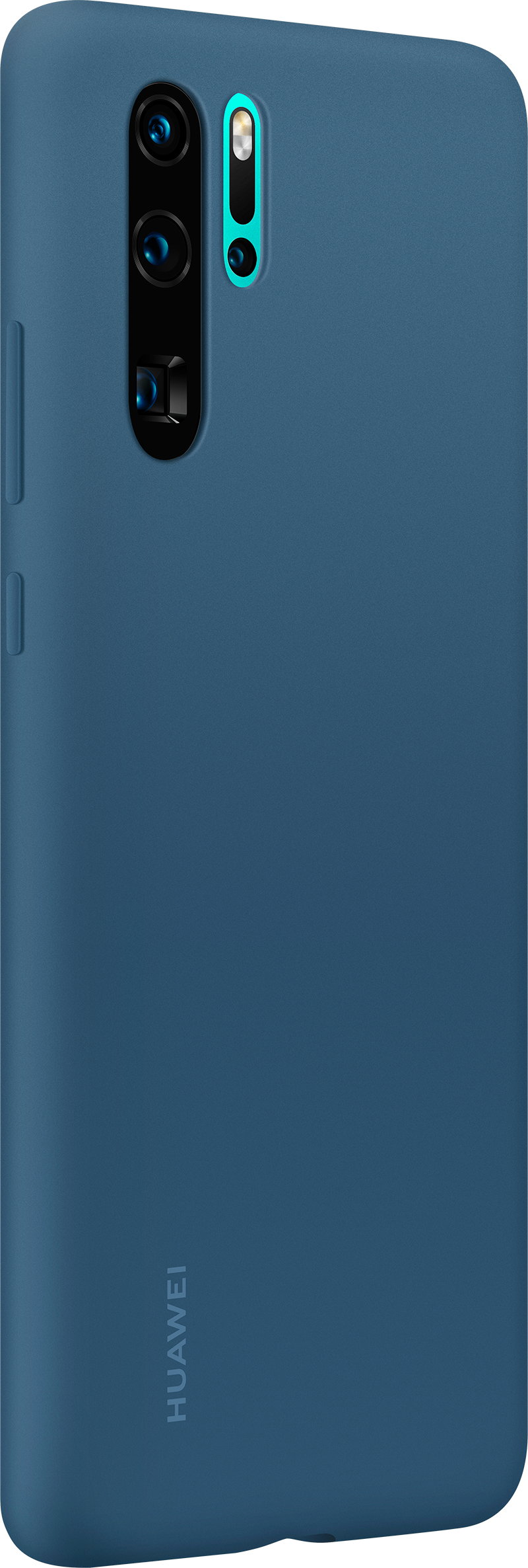 Blue phone case with a camera module and the Huawei logo on the bottom.