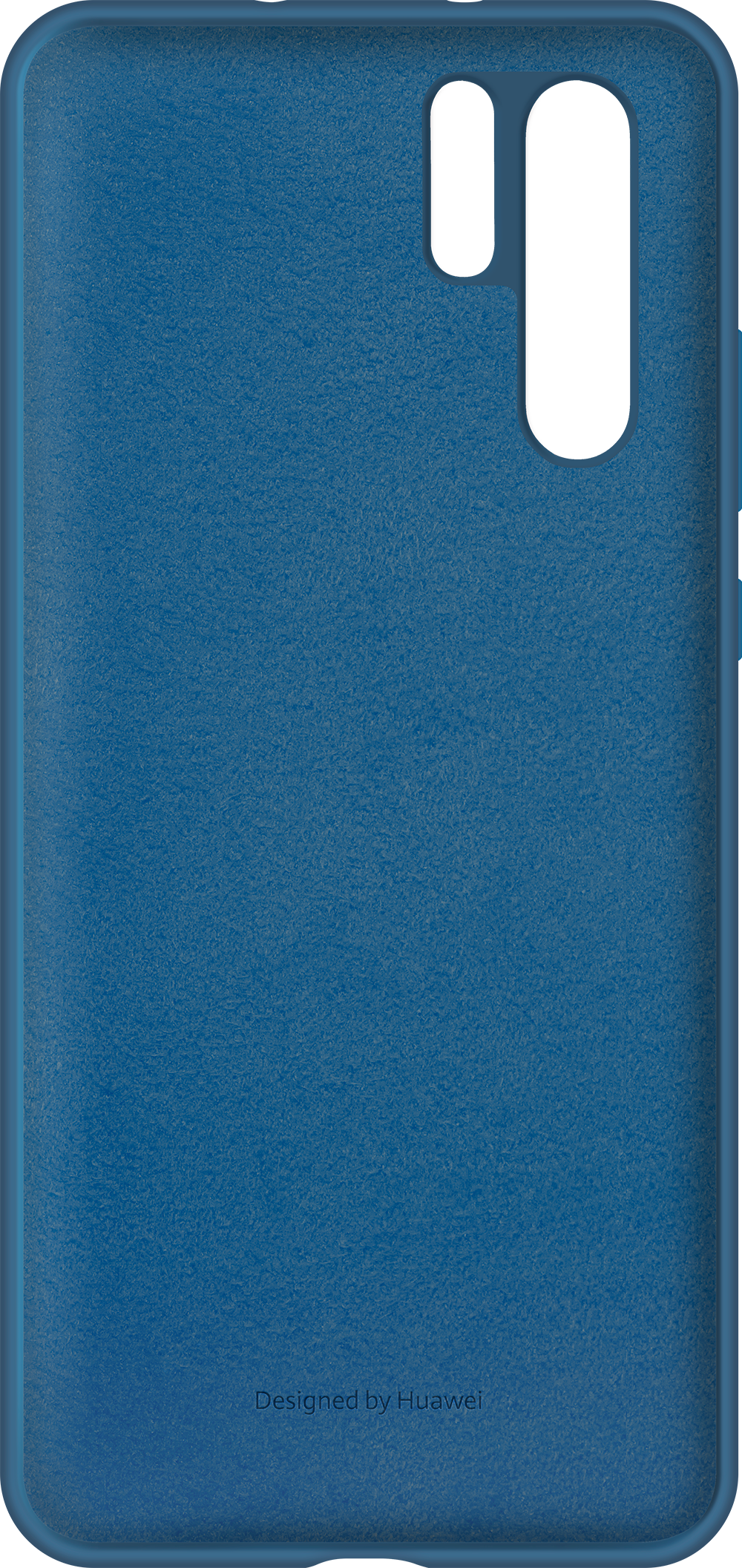 Blue phone case. The back of the case is shown. It has a camera cutout.