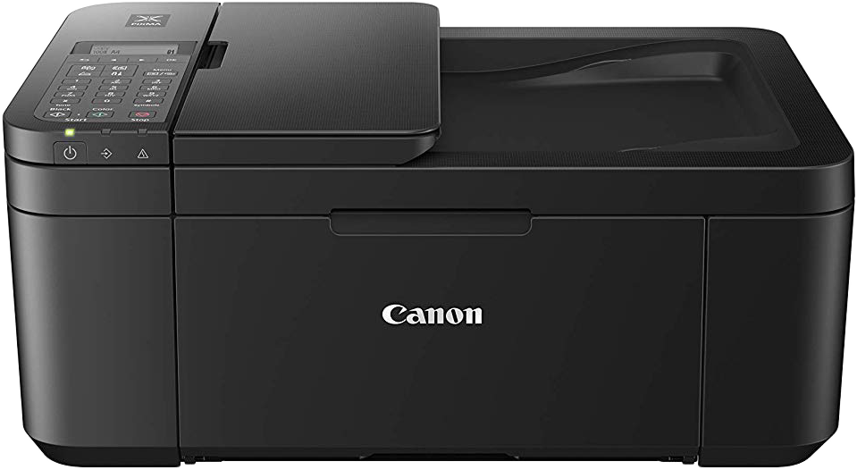 Fekete Canon nyomtató, vezérlőpanellel a tetején. A Canon logója látható.