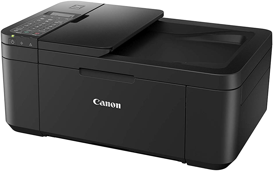 Fekete Canon nyomtató síkágyas szkennerrel, nyomtatási vezérlőkkel és fedéllel.
