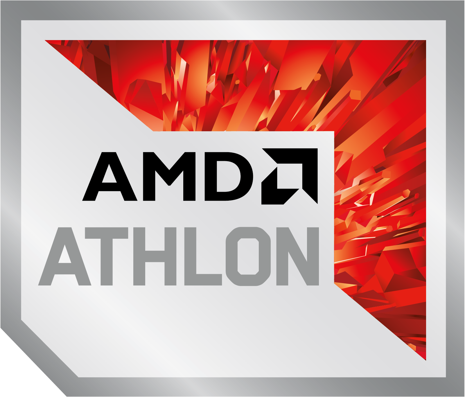 Logo AMD Athlon, testo e simbolo neri su sfondo bianco e rosso con bordo argento.