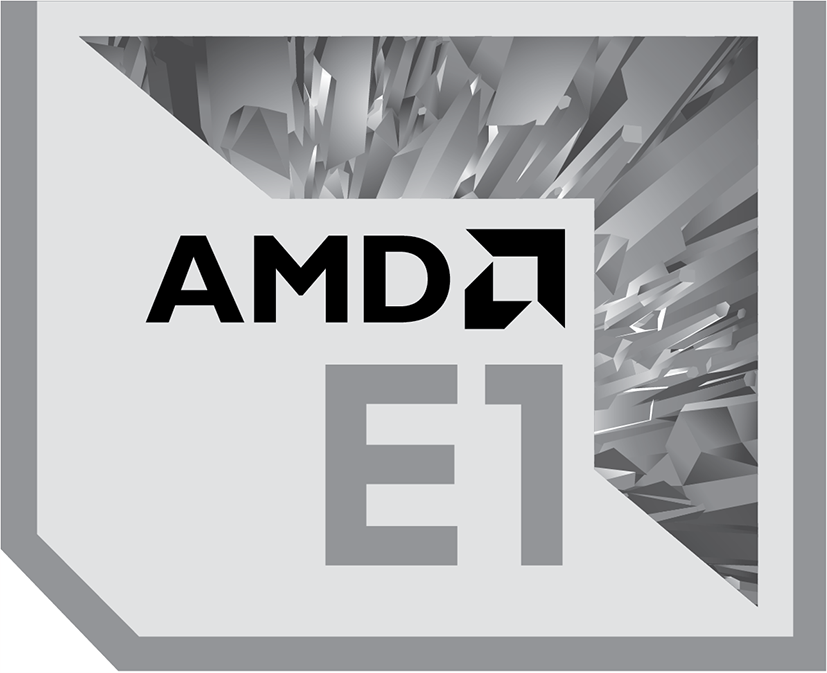 AMD E1-logo: AMD-logo op een grijze geometrische achtergrond, E1-tekst.
