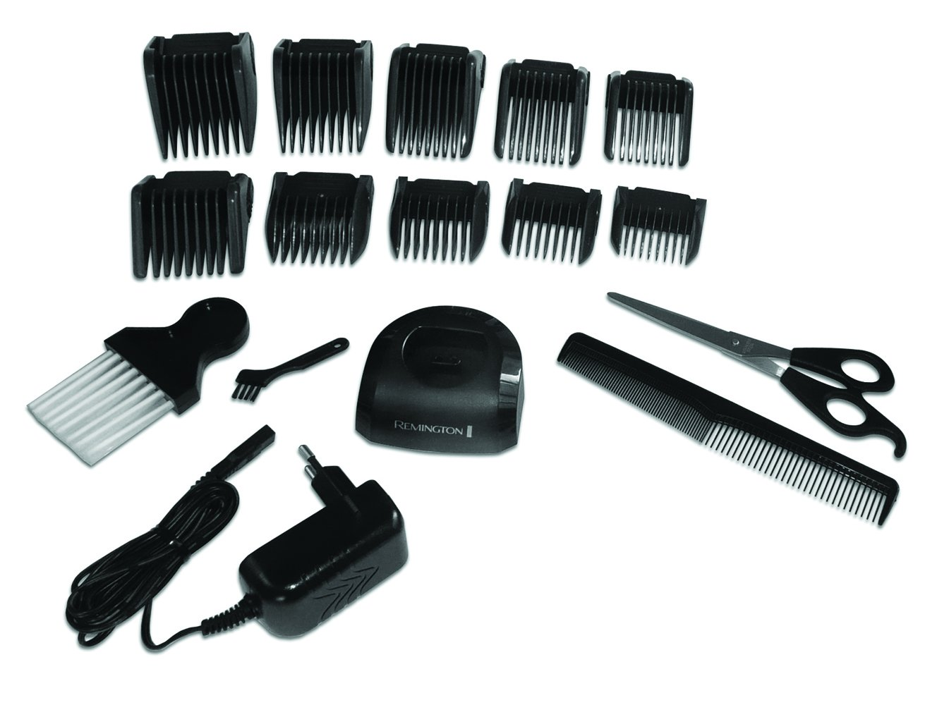 A grooming kit with several combs, clippers, a charging base, scissors, and an adapter.