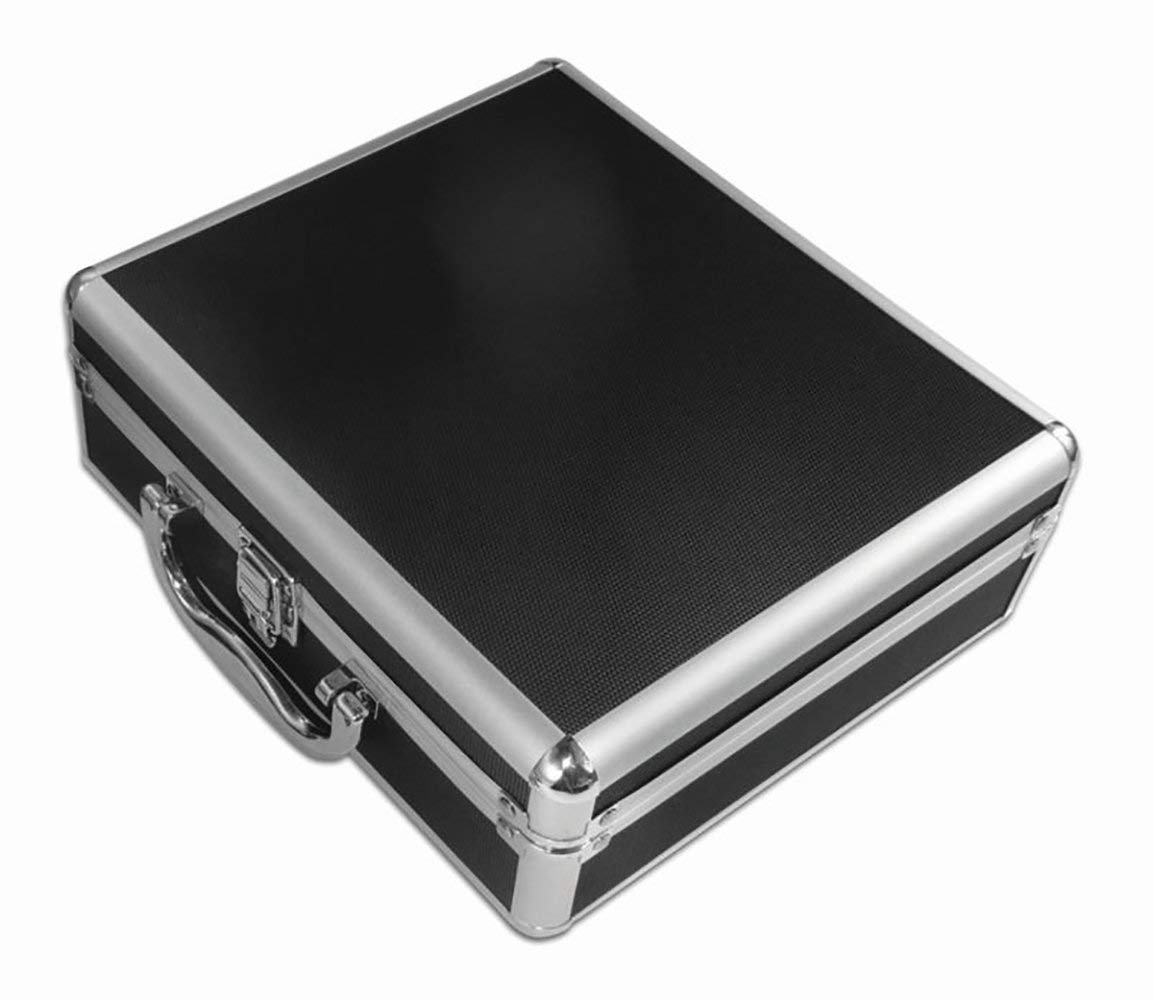 A black briefcase with silver edges, handle and clasp. The briefcase is closed.