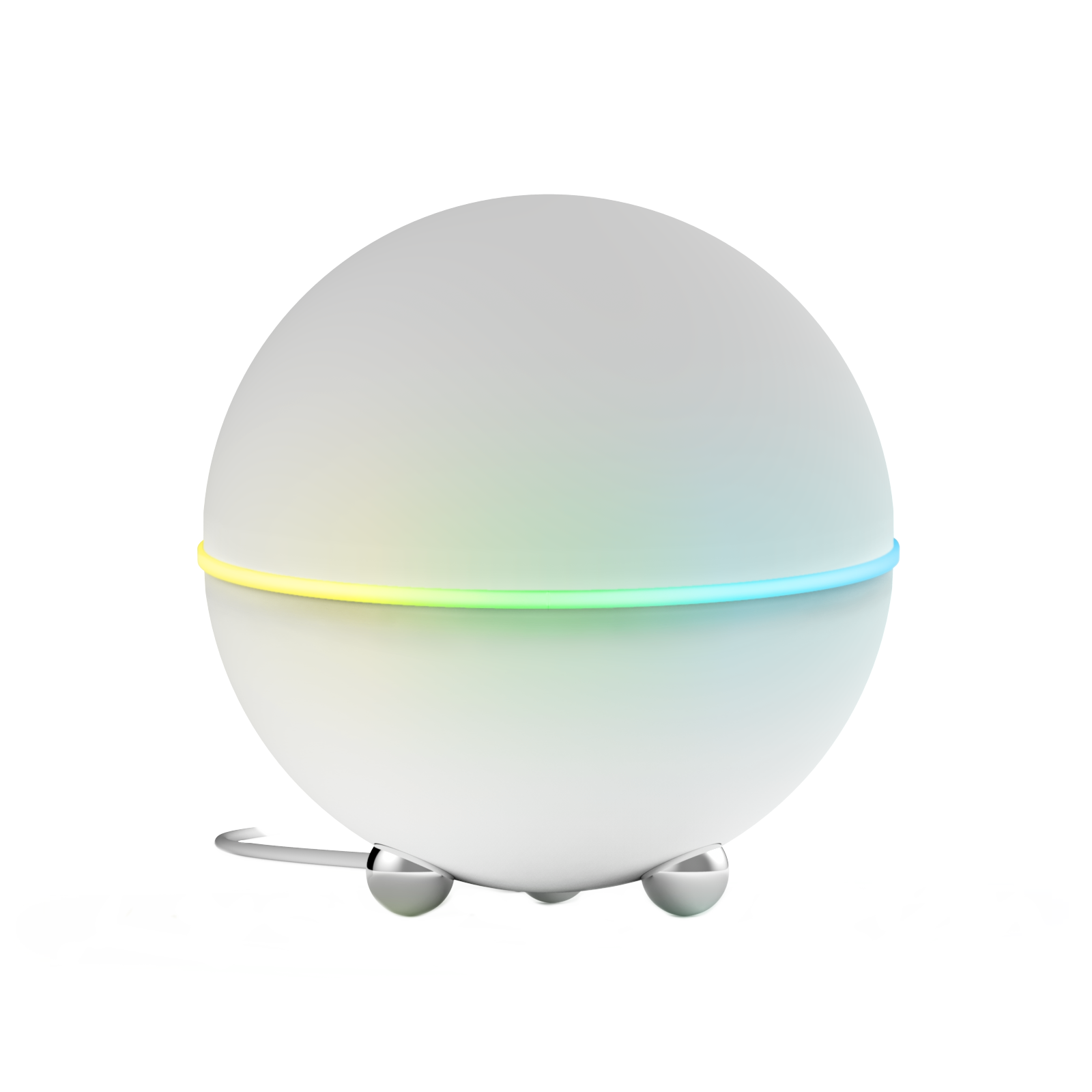 Wit, bolvormig smart home-apparaat met een oplichtende ring. Drie zilveren poten aan de onderkant. Zwarte achtergrond.