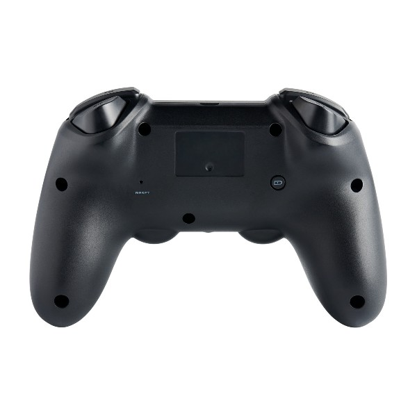 Parte trasera de un mando de juegos negro. Con varios botones y un botón de reinicio.