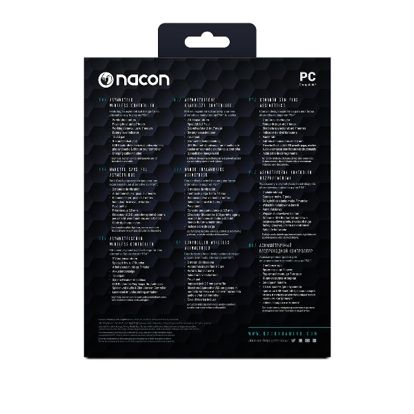 Parte trasera de una caja de gamepad Nacon para PC negra con texto en varios idiomas y un logotipo de PC.