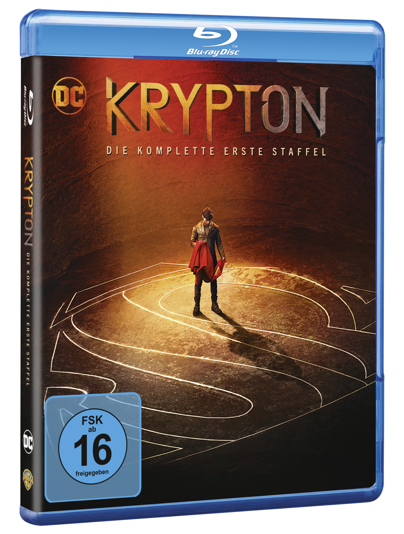 Krypton Blu-ray-Box-Art. Mann im Mantel steht auf Superman-Logo. Blaue Box und Disc.