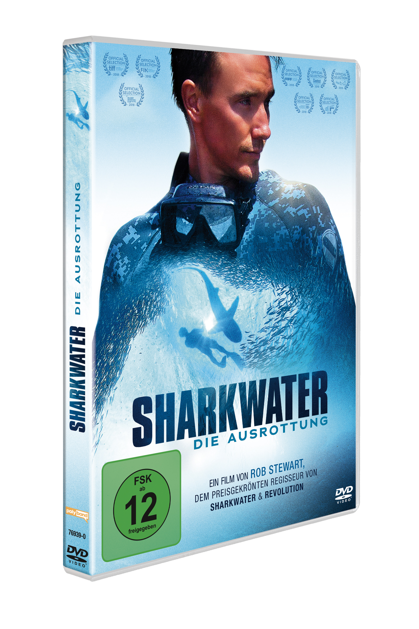 DVD-Hülle des Films Sharkwater. Das Cover zeigt einen Mann unter Wasser, mit einem Hai und Text.