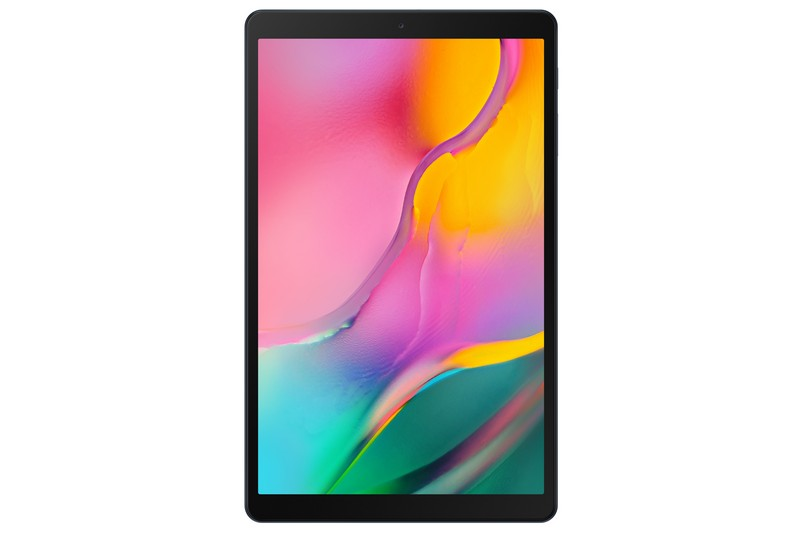 Una tableta negra con una pantalla colorida, sobre un fondo blanco.