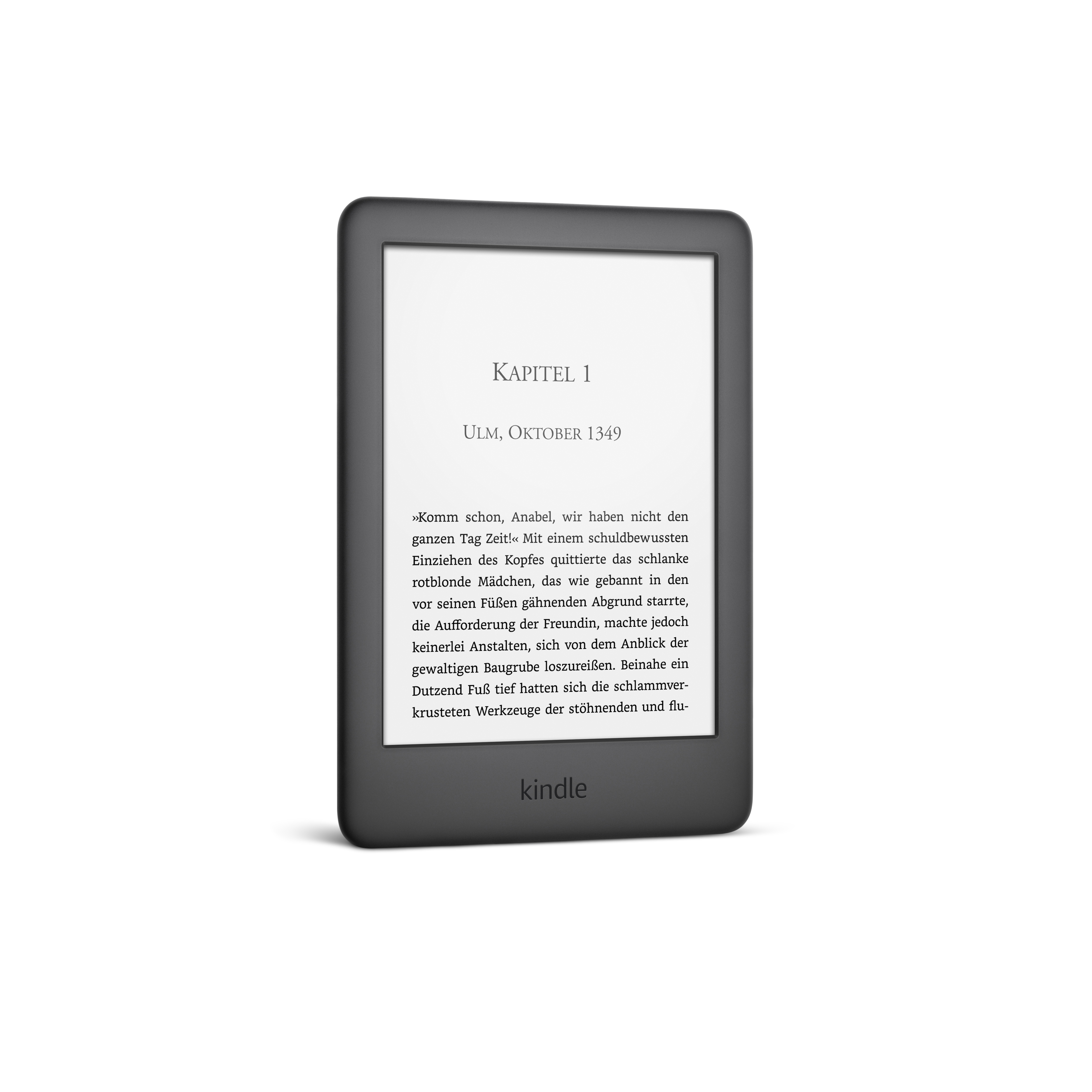 Ein schwarzes Kindle-Gerät, das Text auf dem Bildschirm anzeigt.