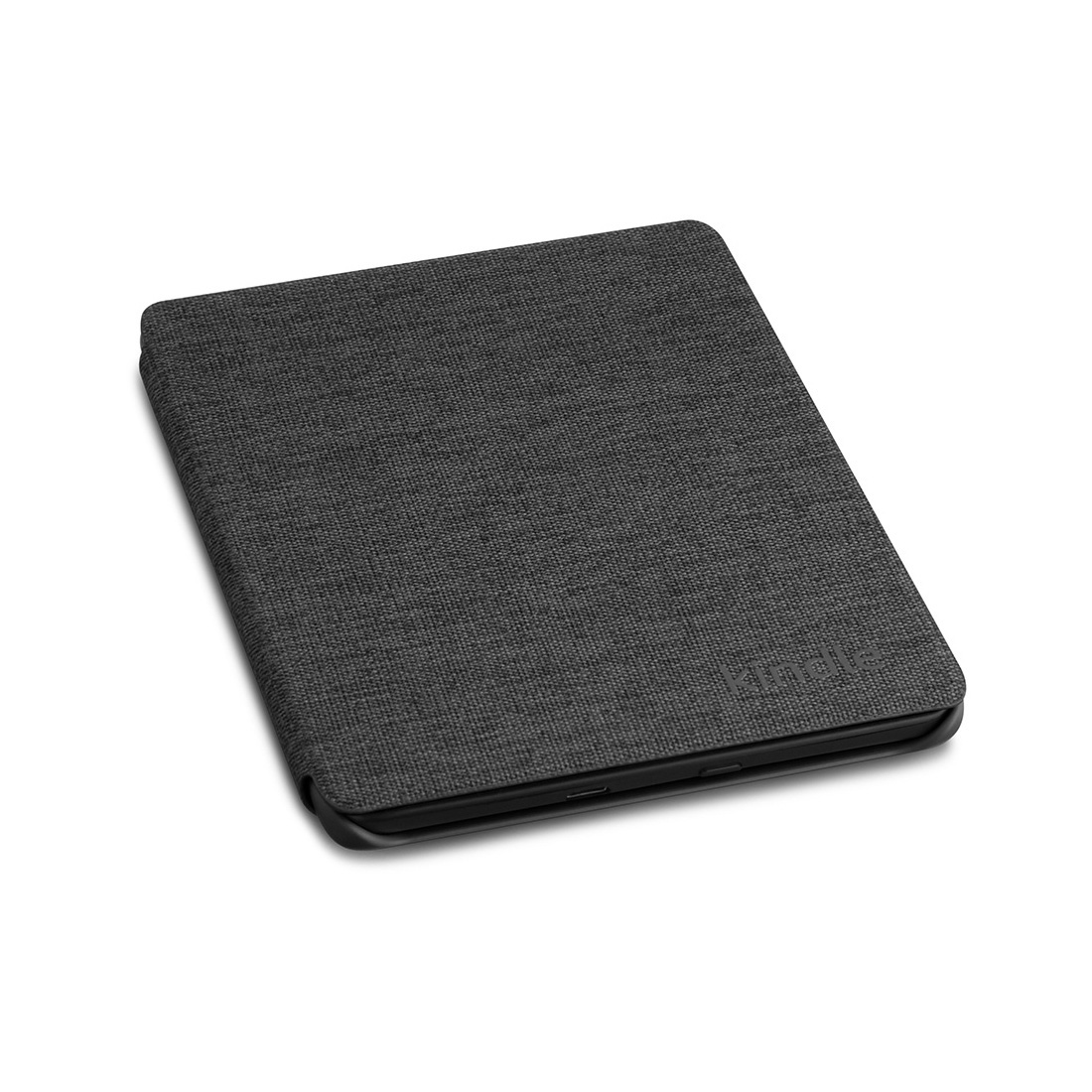 Eine geschlossene graue Stoff-Tablethülle mit schwarzem Rahmen, auf weißer Oberfläche präsentiert.