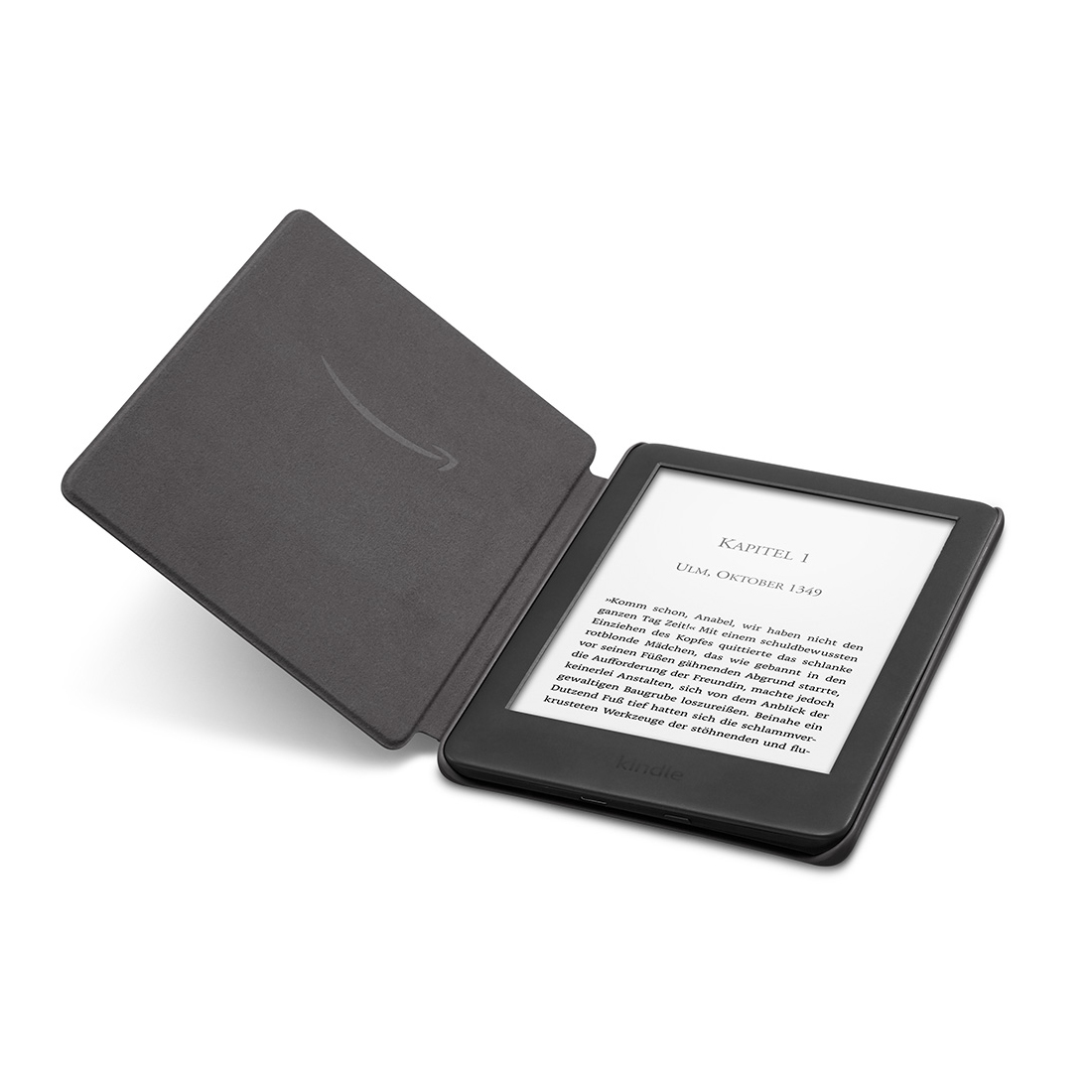 Ein offener Kindle-Reader auf einer weißen Oberfläche.