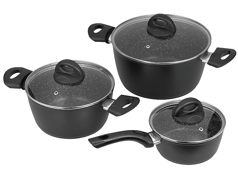 Batería de cocina - Jata Hogar BC3, 2 cazuelas y 1 cazo con tapas, Antiadherente