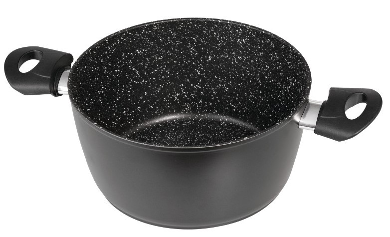Olla negra con dos asas. La olla está salpicada de puntos blancos.