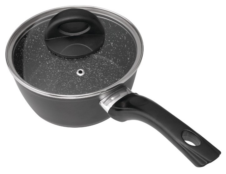 Olla negra con tapa de cristal. Asa en el lateral. Interior moteado blanco.