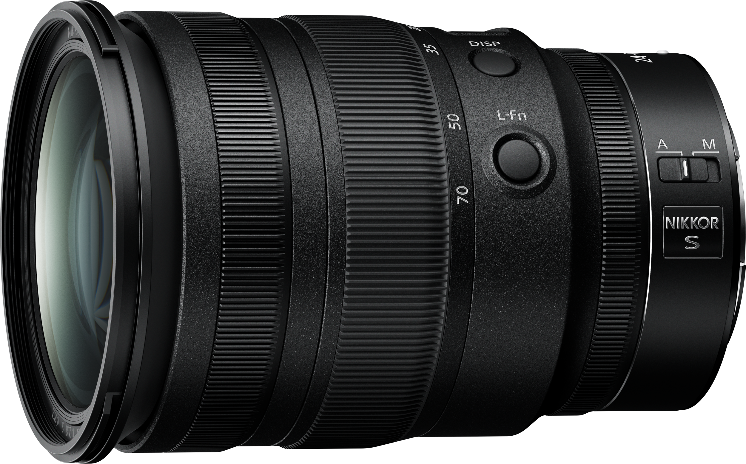 Schwarzes Nikon Nikkor Zoomobjektiv mit Markierungen für 24-70 mm und Steuertasten.