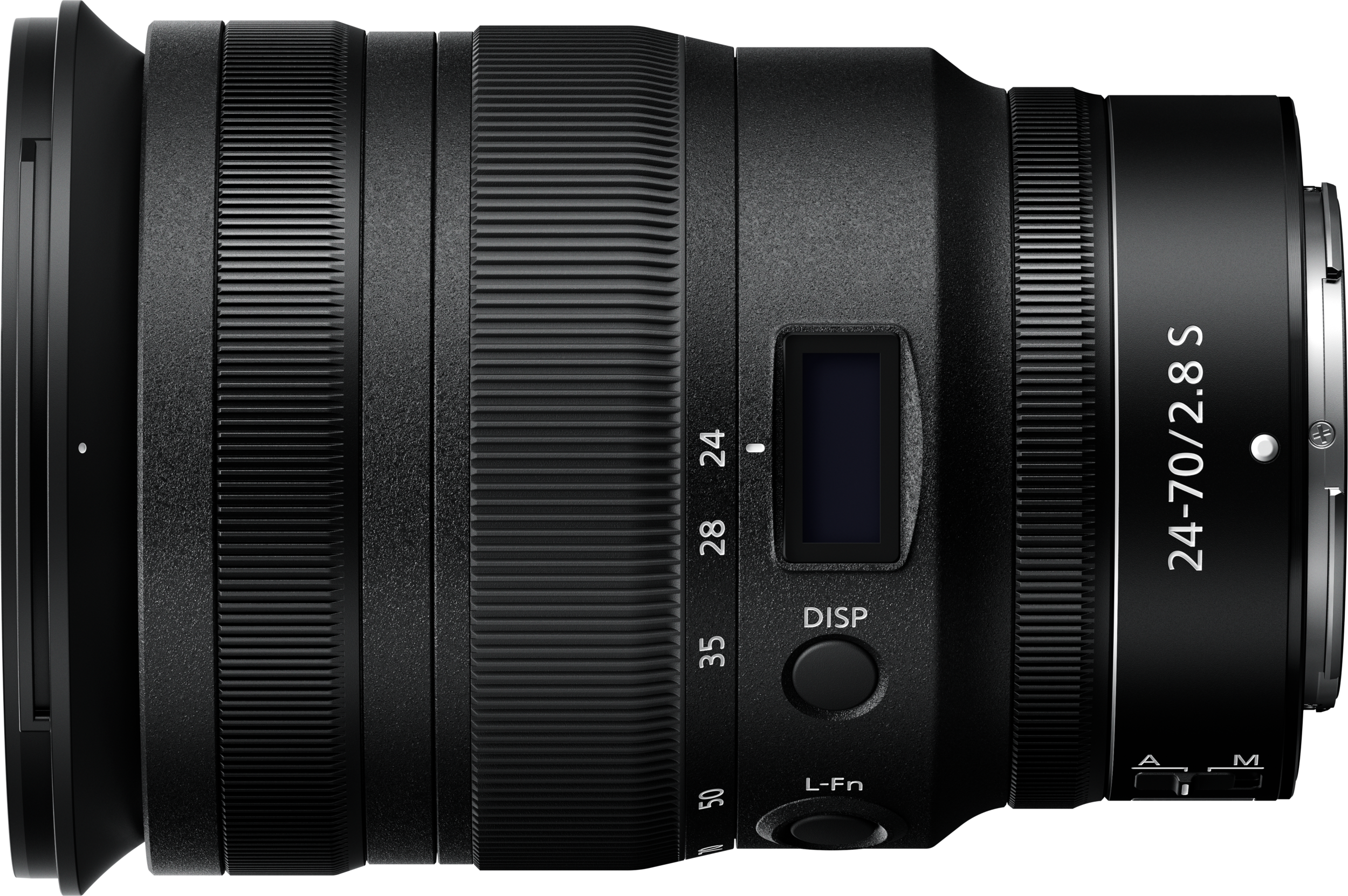 Nikon 24-70mm f/2.8 S Objektiv, schwarz mit Details. Anzeigen: 24, 28, 35, 50, DISP, L-Fn, A, M.