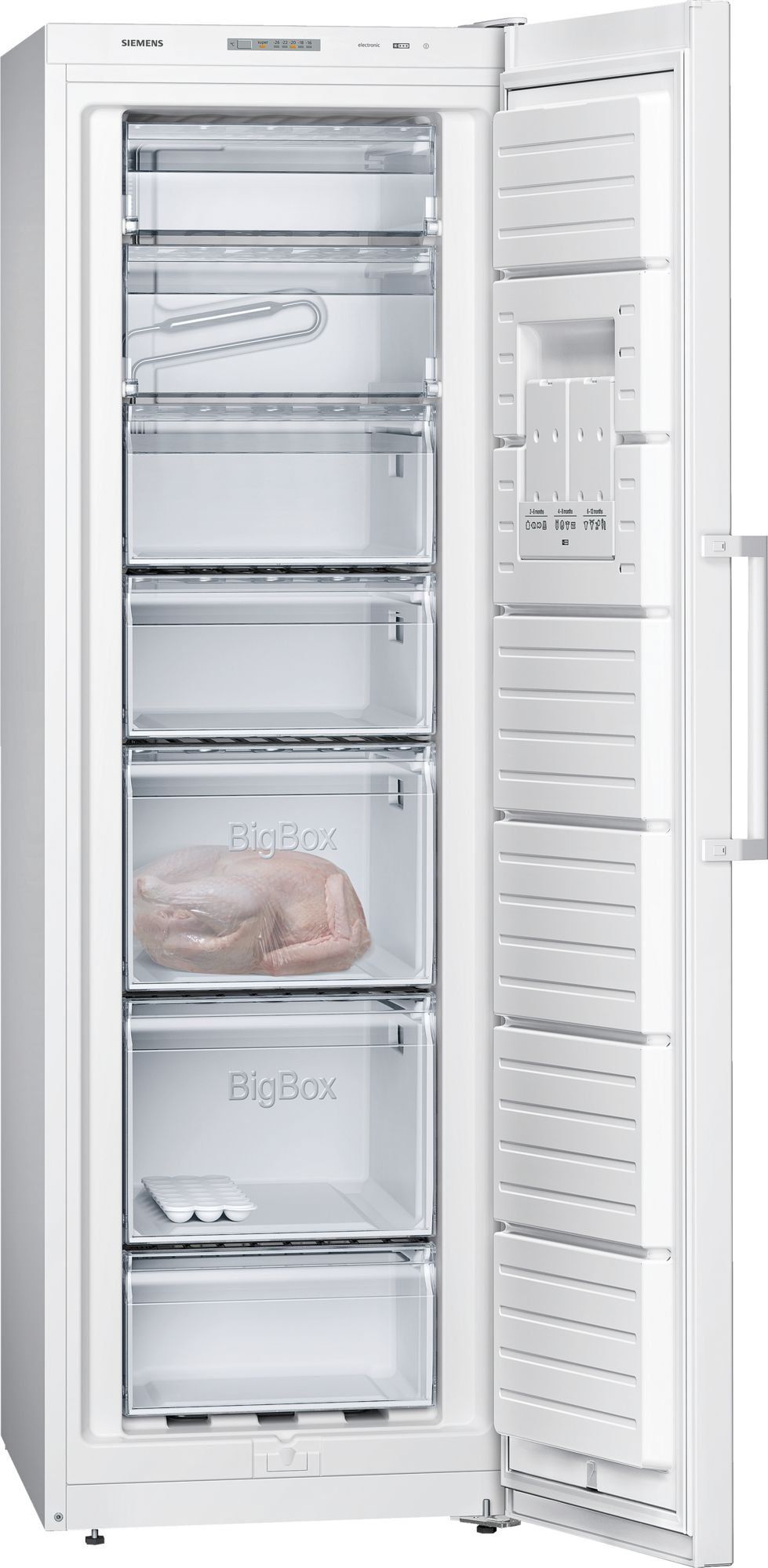 White Siemens freezer with door open, showing shelves and drawers.