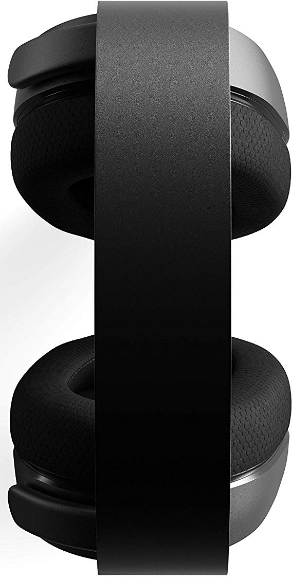 Schwarzes Headset, Seitenansicht, mit schwarzem Bügel und Ohrmuscheln.