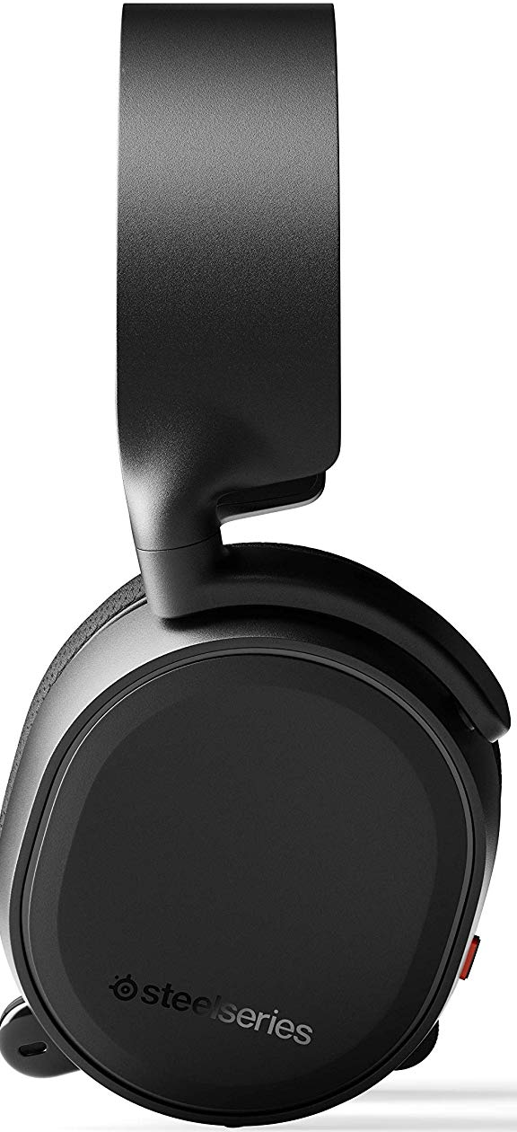 Schwarze SteelSeries-Kopfhörer mit silbernem Logodetail, von der Seite gesehen.