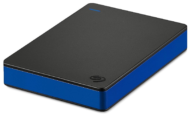 Disco duro externo negro y azul. El logotipo de Seagate es visible.