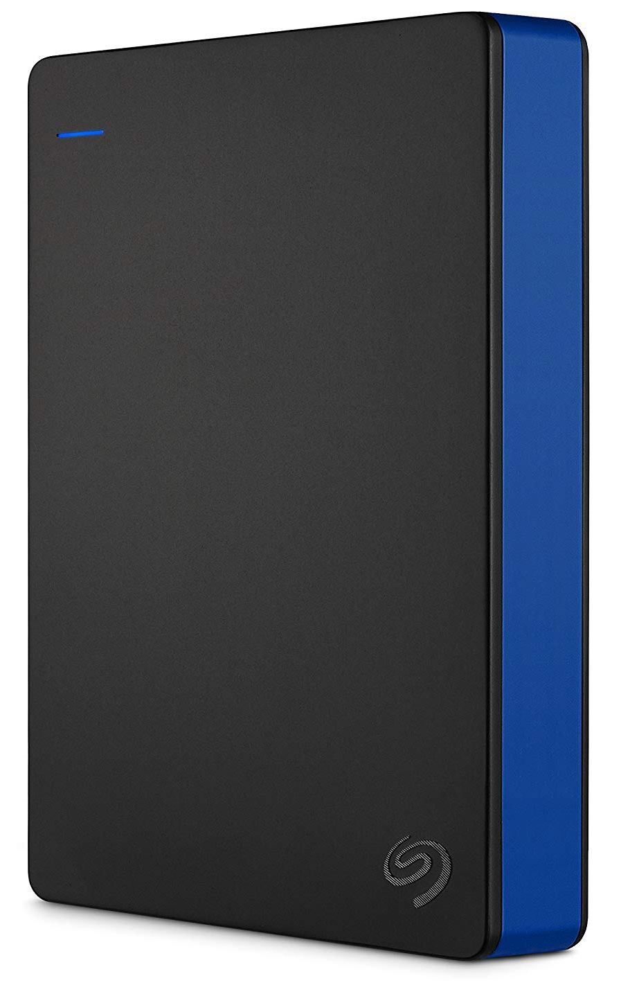 Disco duro externo negro con un panel lateral azul. El logotipo de Seagate es visible.