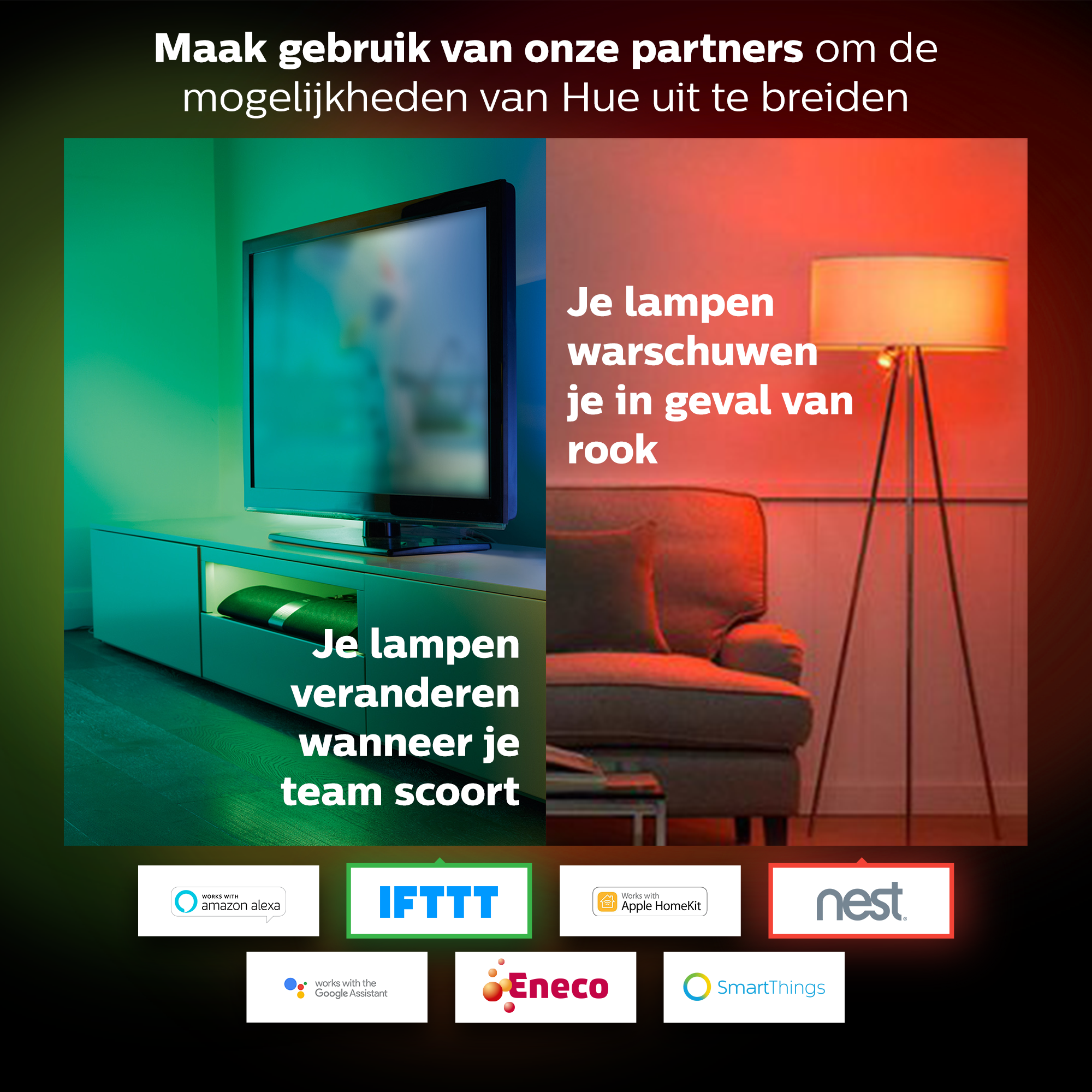 Een advertentie voor slimme verlichting voor thuis. Een tv, een bank en een staande lamp zijn te zien in een woonkamer.