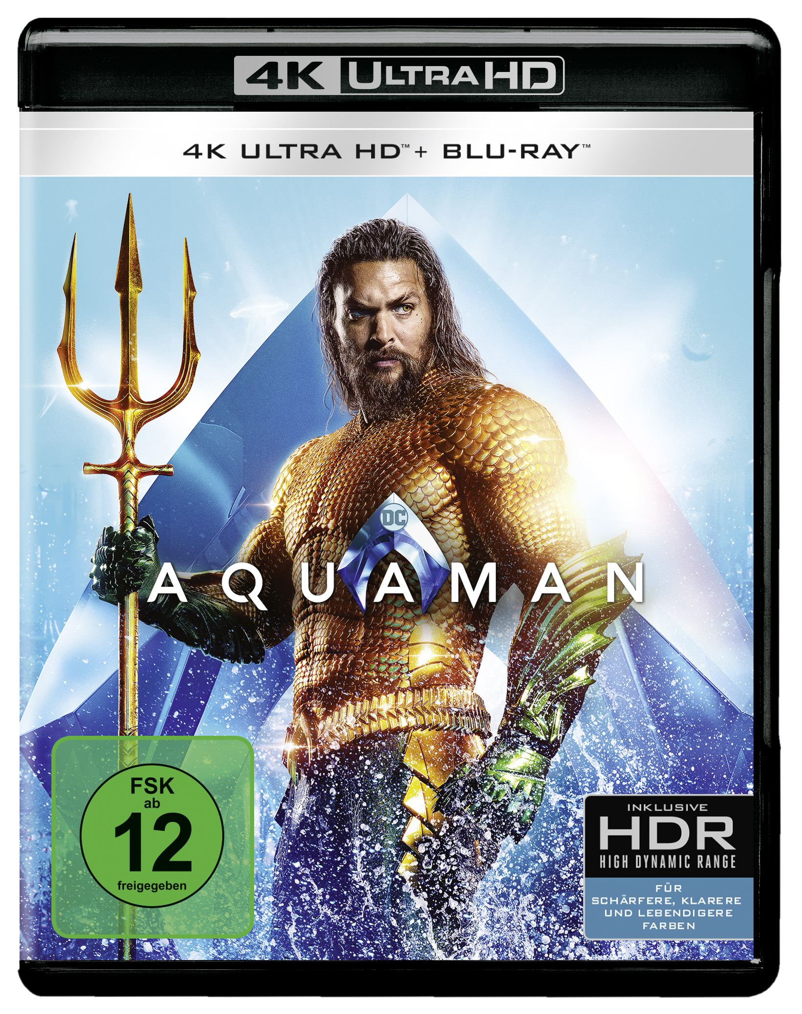 Aquaman 4K Ultra HD Blu-Ray Cover. Jason Momoa im Aquaman-Kostüm, Dreizack in der Hand.