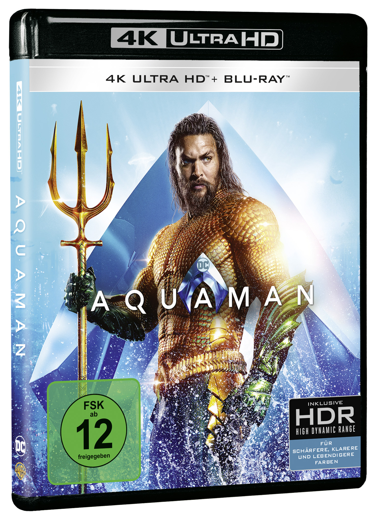 Aquaman Blu-ray-Cover mit Jason Momoa, der einen Dreizack hält.