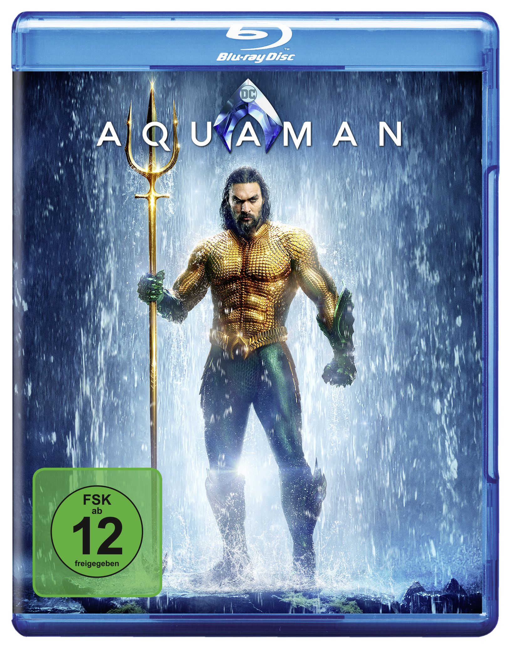 DVD-Cover: Aquaman mit Dreizack im Wasser. Blauer Hintergrund, Filmtitel.
