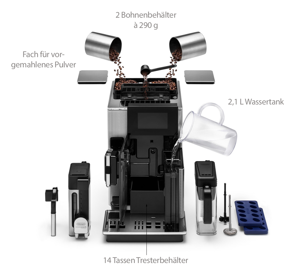 Eine automatische Kaffeemaschine mit verschiedenen sichtbaren Komponenten.