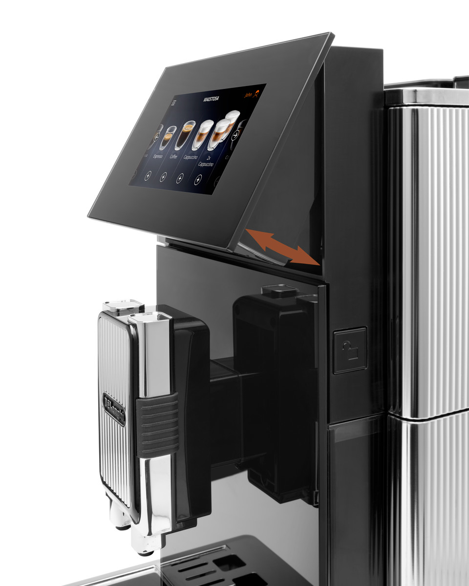 Schwarze und silberne Kaffeemaschine. Touchscreen-Display geöffnet, zeigt Kaffeeoptionen.