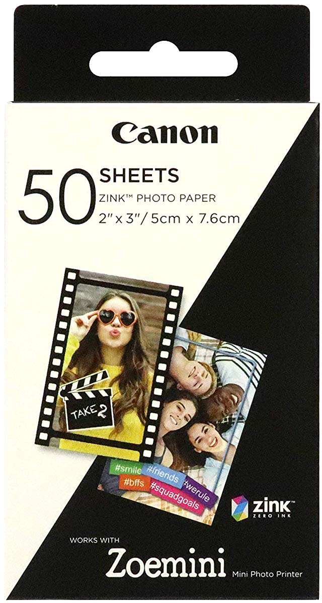 Paquet de papier photo Canon Zoemini, avec photos et texte sur le devant.