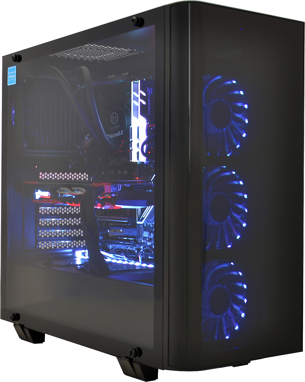 Schwarzes Computergehäuse mit transparenter Seitenwand. Im Inneren leuchten Komponenten blau und rot.