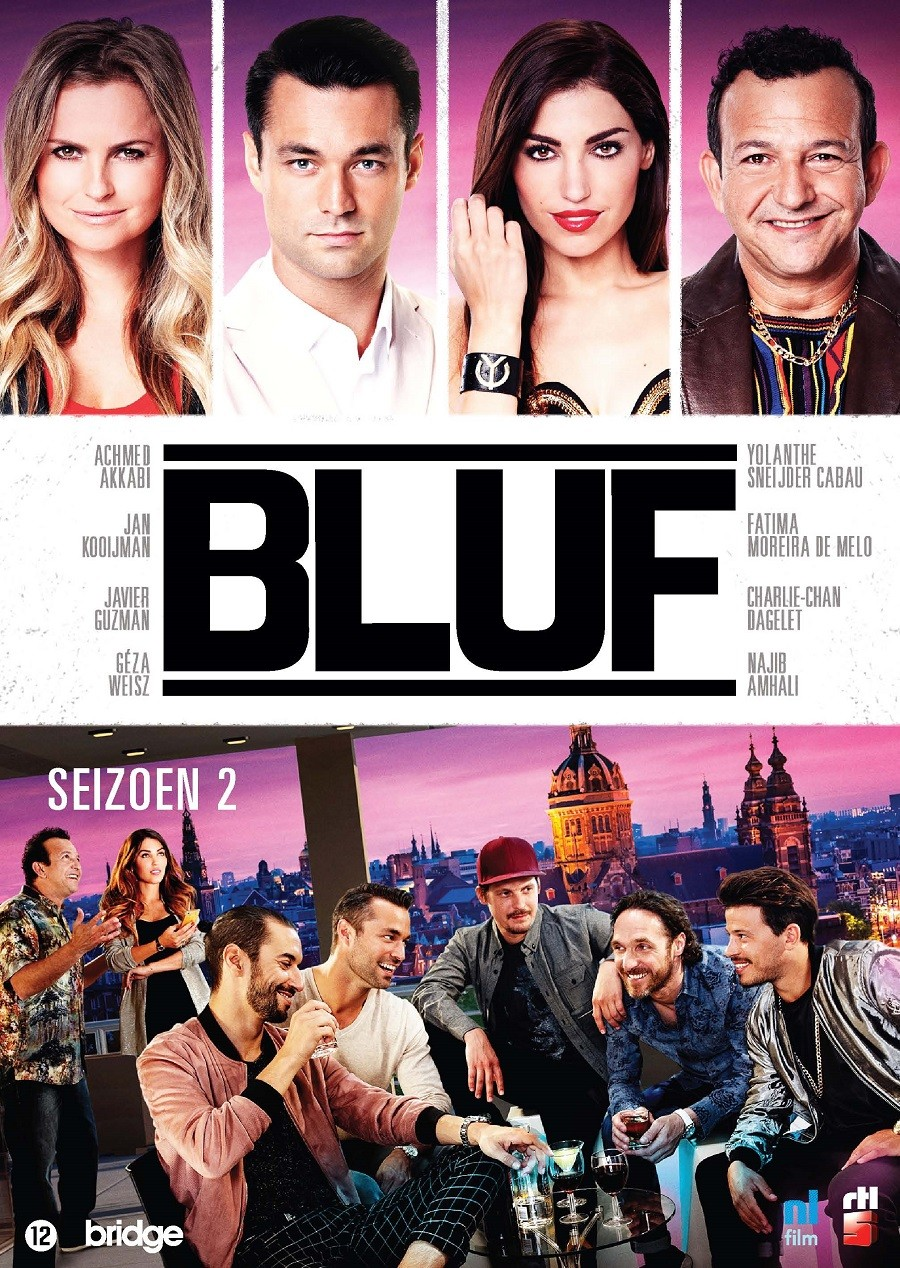 Couverture DVD : visages d'acteurs, titre 'Bluf' en grandes lettres et personnes dans un bar.