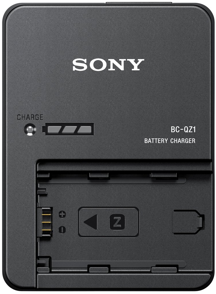 Ein schwarzes Sony-Batterieladegerät mit einer Batterie.