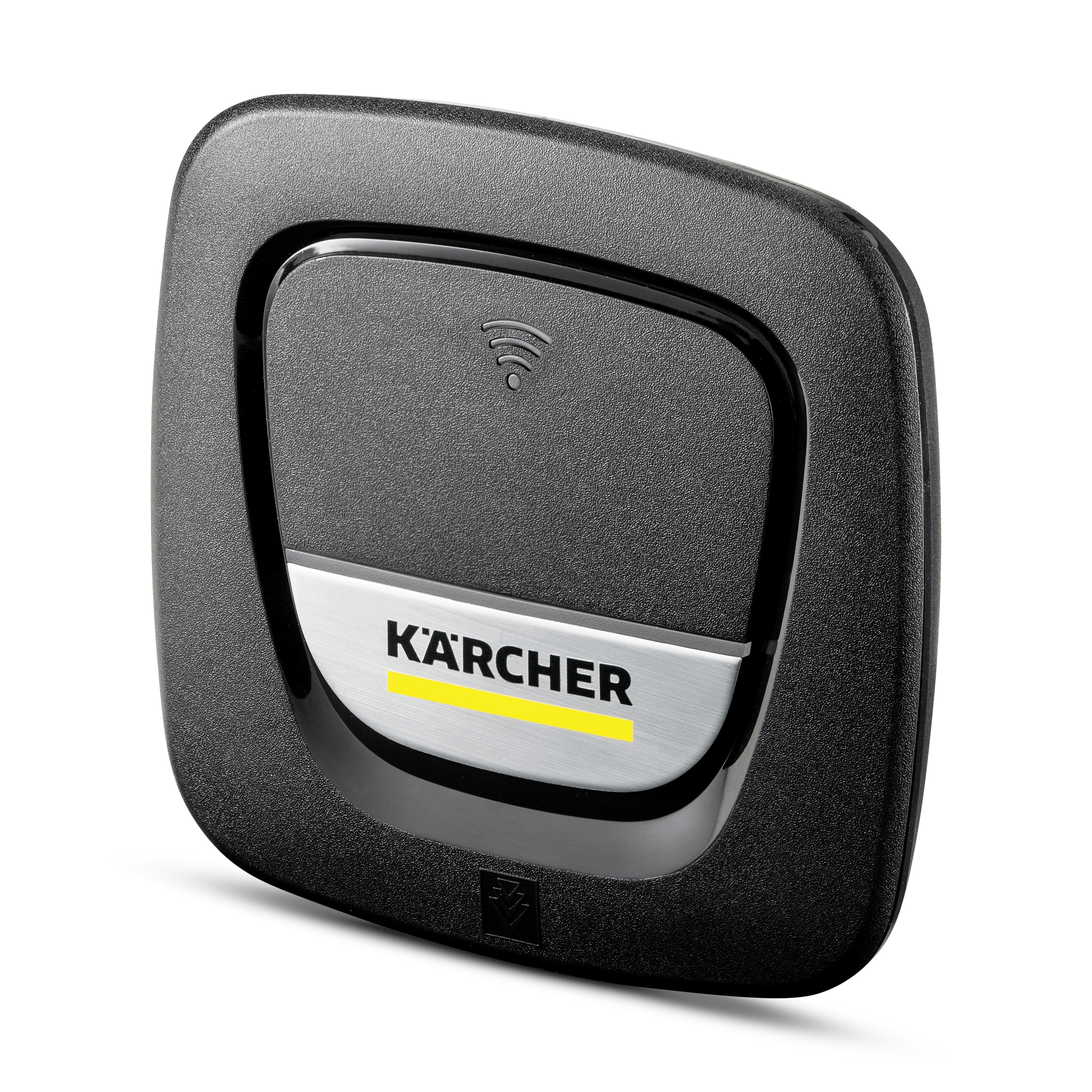 Ein schwarzes Kärcher WiFi-Gerät mit silbernem Etikett.