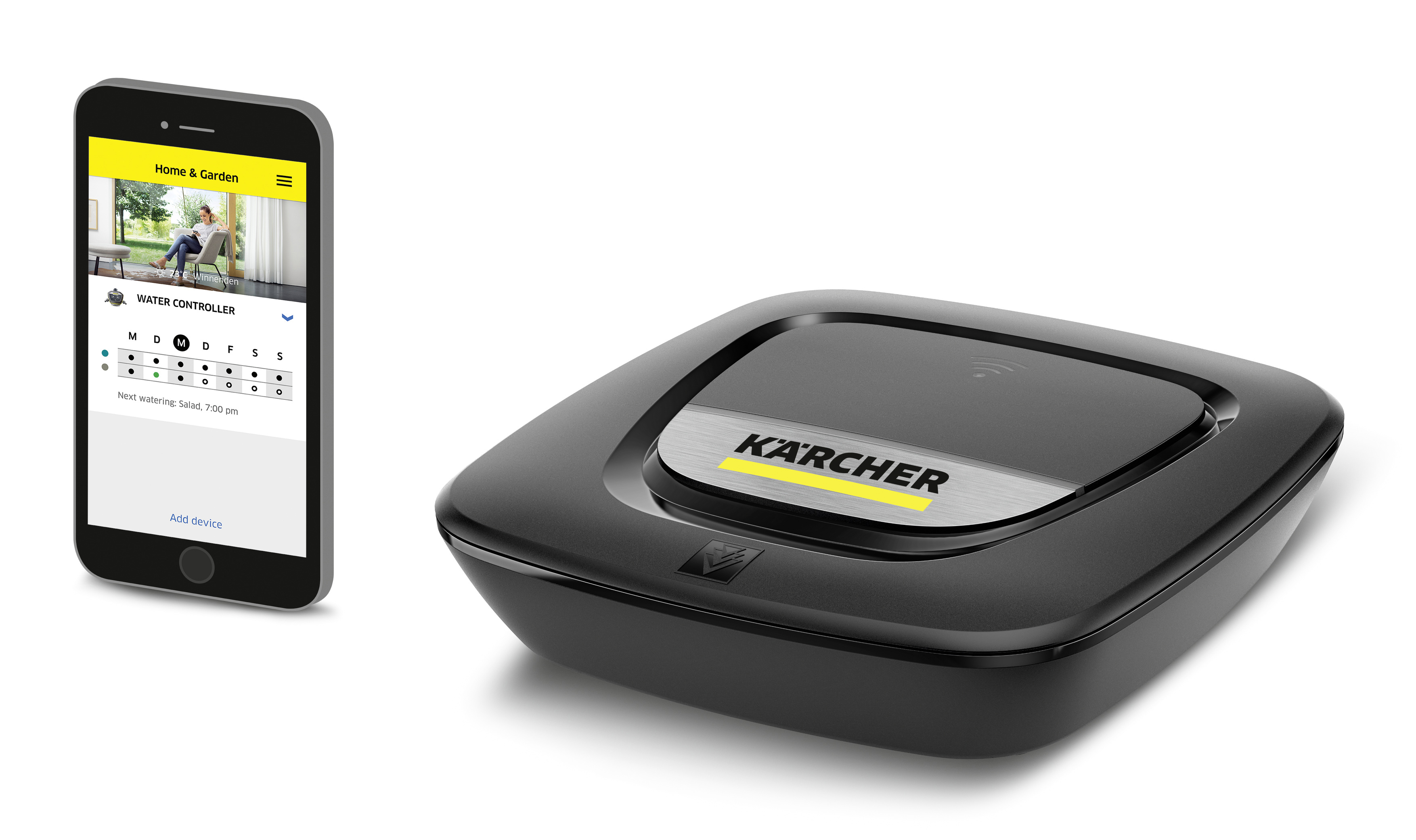 Ein Smartphone zeigt eine Home & Garden App neben einem schwarzen Smart Home Hub.