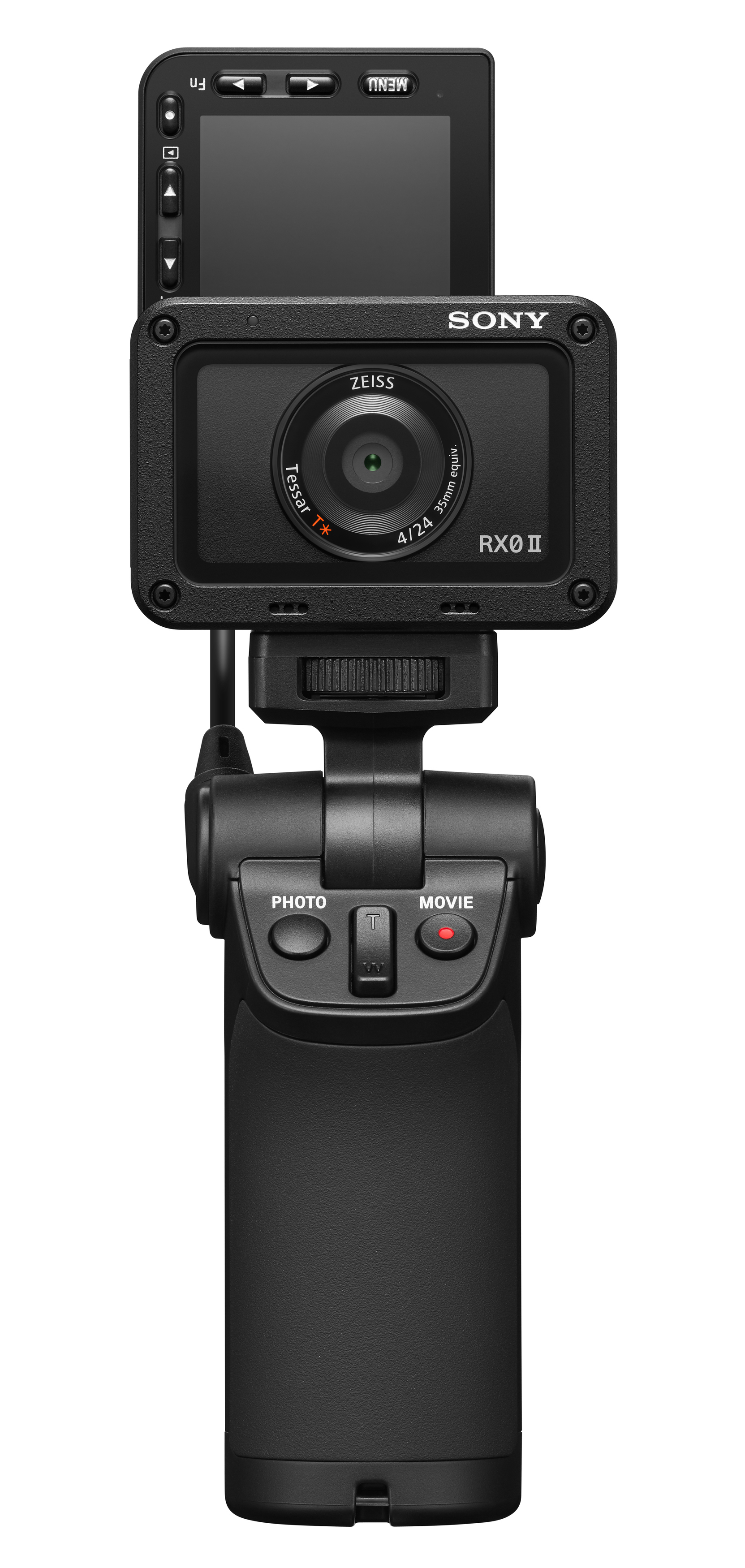 Schwarze Sony RX0 II Kamera mit hochklappbarem Bildschirm. Die Kamera wird von einem schwarzen Griff gehalten.