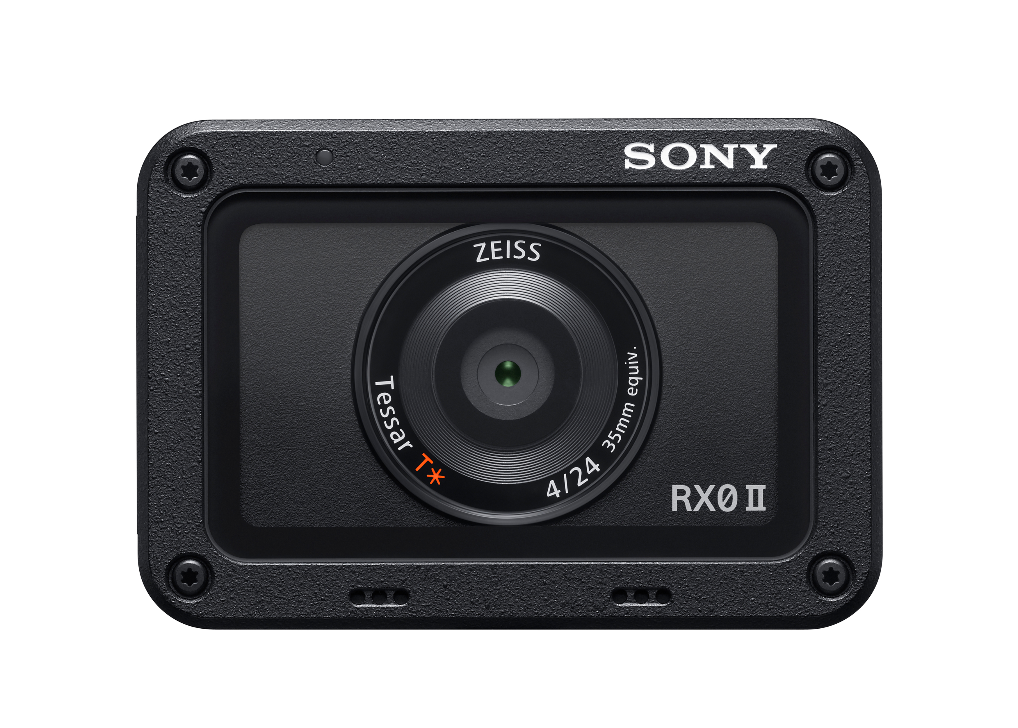 Eine Sony RX0 II Kamera, schwarz, kompakt, mit ZEISS Objektiv.